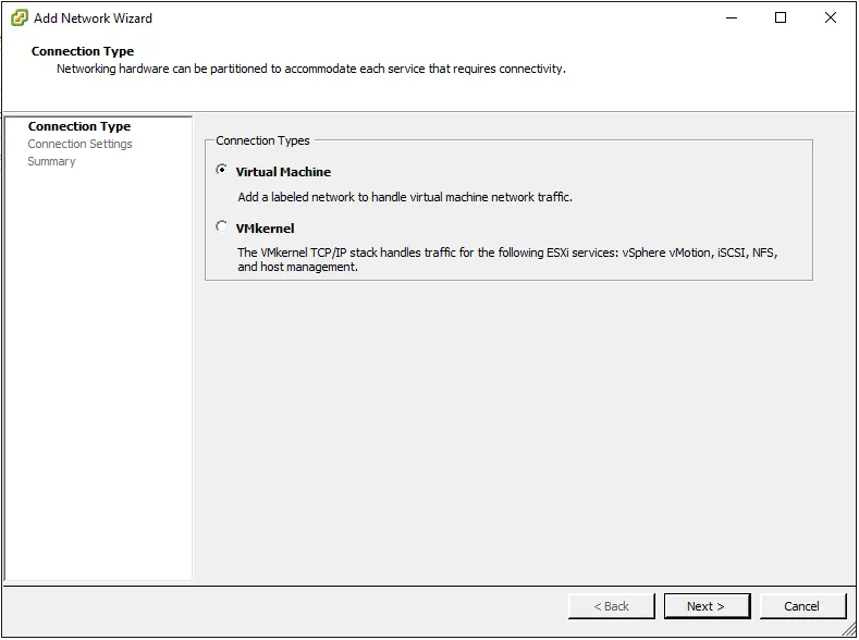 Select Virtual Machine as the Connection Type
