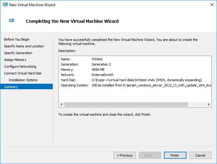 Completing the New Virtual Machine Wizard