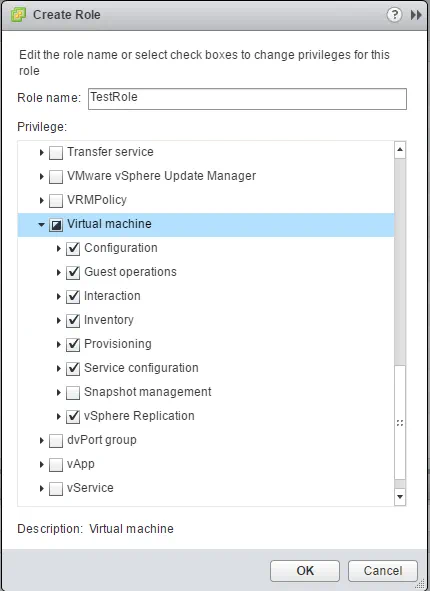 Assigning most of the Virtual machine privileges to role