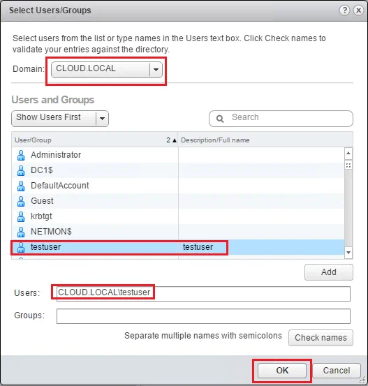 VMware vSphere Web Client - Select User