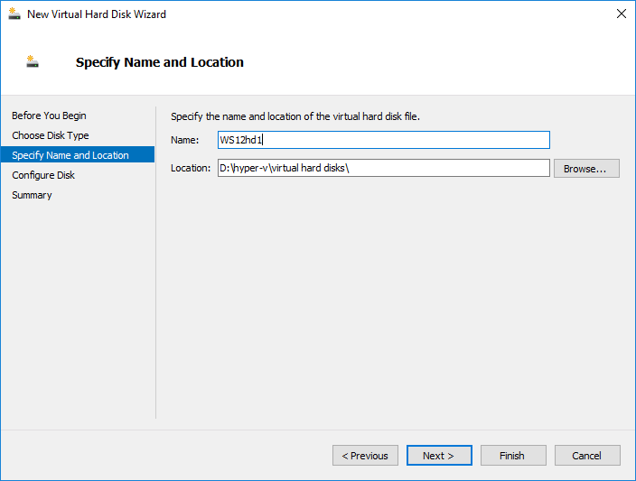 Specify Virtual Hard Disk Name and Location