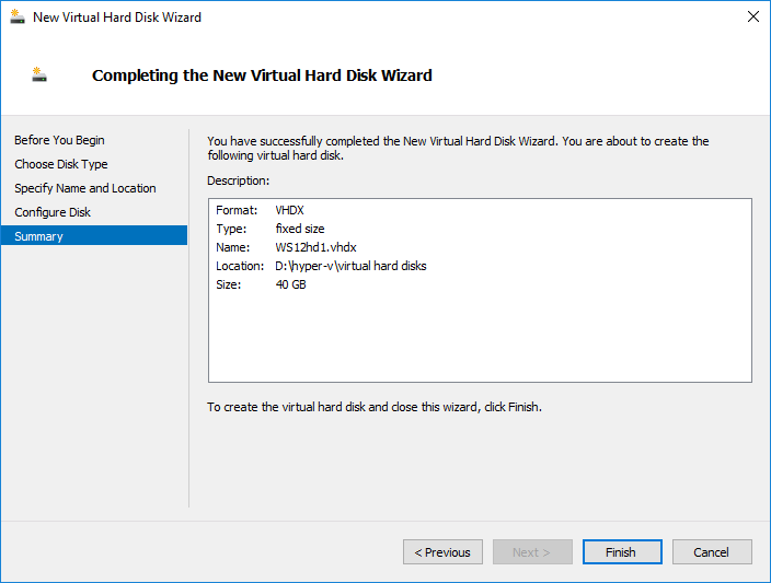 Completing Virtual Hard Disk Wizard