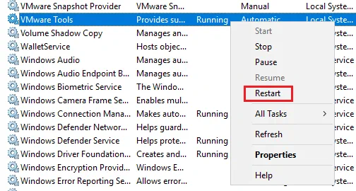 Restart the VMware tools service