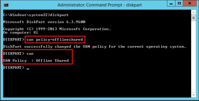 Use Diskpart in Windows to ensure the san policy is set to san policy=offlineshared