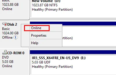 Set the added disk to “online” in disk management