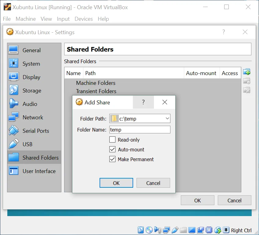 Adding shared folders in VirtualBox