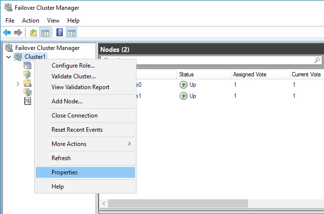 Configuring cluster properties in the Failover Cluster Manager window