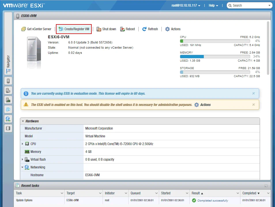 Accessing the web interface with ESXi settings