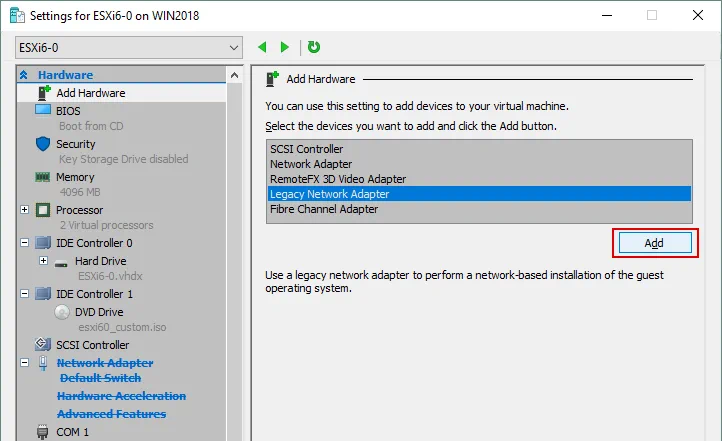 Adding a legacy network adapter for a Hyper-V VM