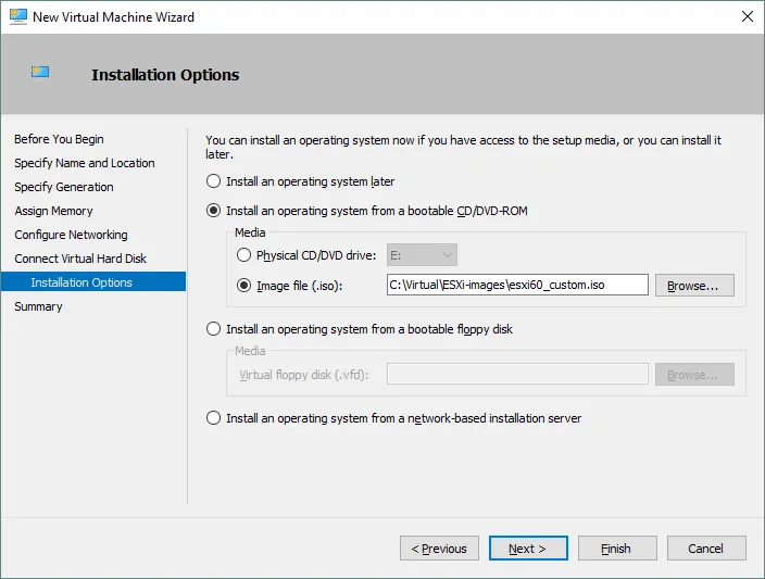 Configuring VM installation options and selecting the ISO installation image