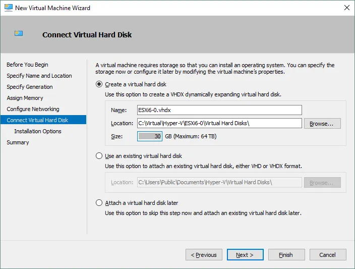 Configuring a virtual hard disk for a new Hyper-V VM