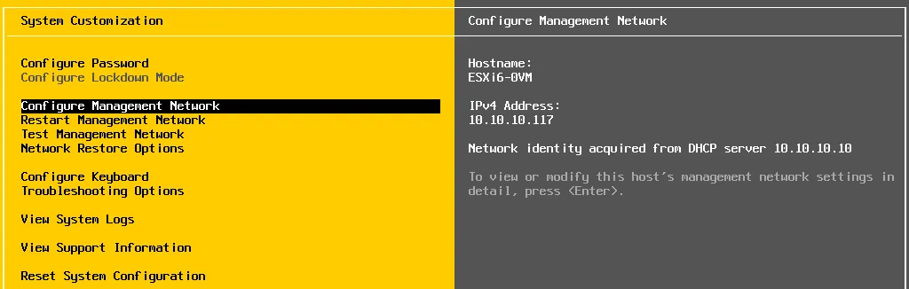 Configuring management network on an ESXi host