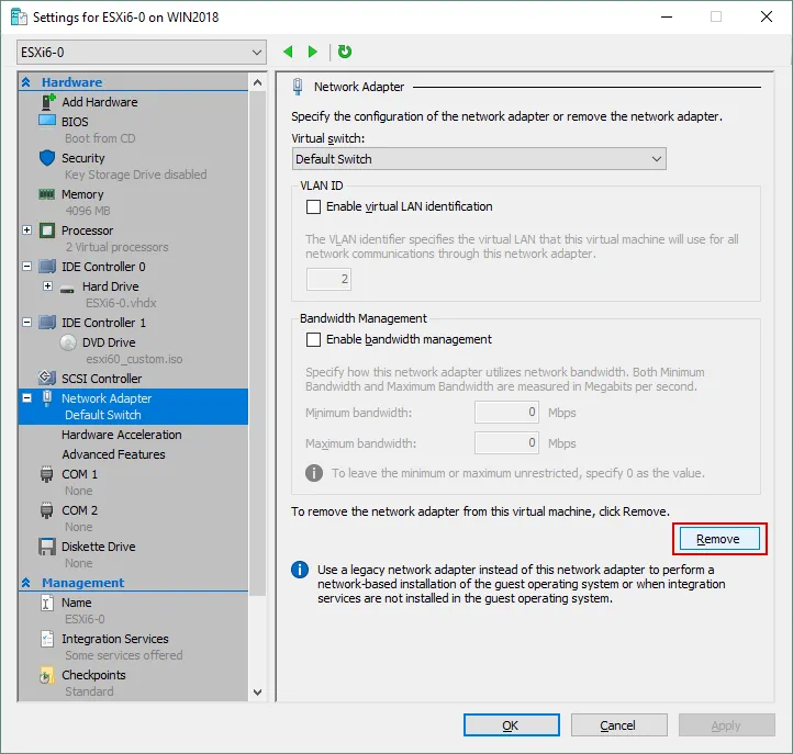 Removing the existing network adapter from Hyper-V VM