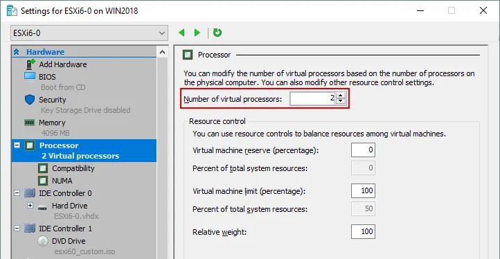 Select Processor and set the number of virtual processors