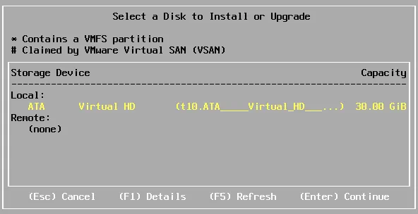 Selecting a disk to install ESXi