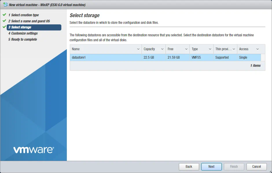 Selecting storage for a new VMware VM