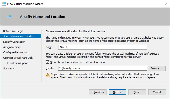 Specifying a name and location for a new Hyper-V VM