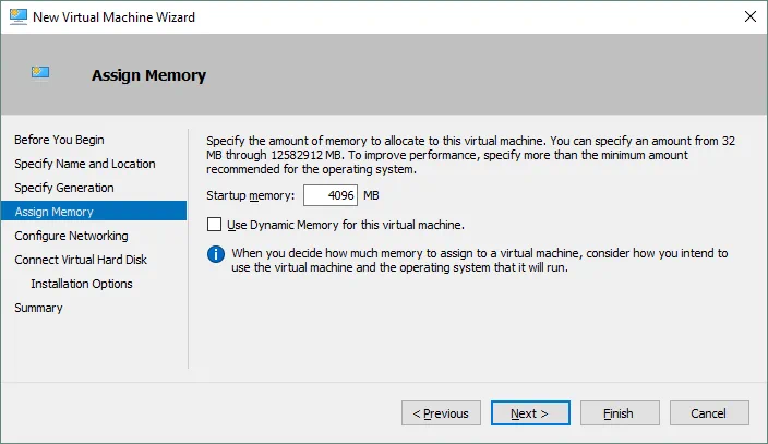 Specifying the amount of memory for the Hyper-V VM that is being created