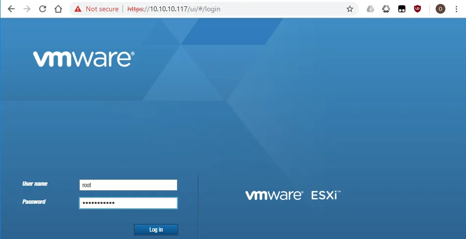 The ESXi login page in VMware Host client.