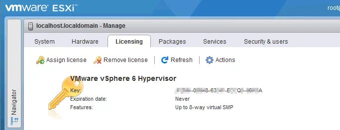A free VMware ESXi license is applied to VMware vSphere Hypervisor