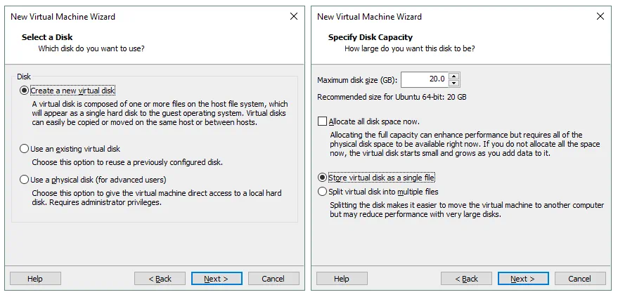 Cómo instalar Kali Linux en VMware: Creación de un nuevo disco virtual de 20 GB