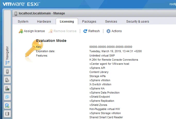 Evaluation period begins after free VMware ESXi installation