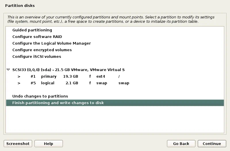 Cómo instalar Kali Linux en VMware: Finalizando el particionado