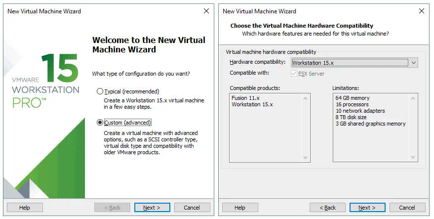 Cómo instalar Kali Linux en VMware: Abrir un nuevo asistente VM y seleccionar la compatibilidad de hardware VM