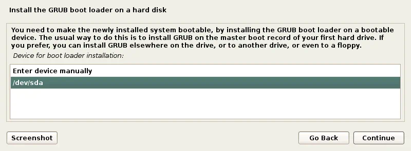 Cómo instalar Kali Linux en VMware: Seleccionando un disco para instalar GRUB