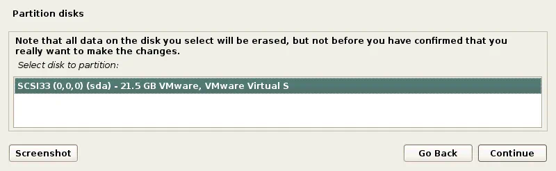 Cómo instalar Kali Linux en VMware: Seleccionar un disco para particionar