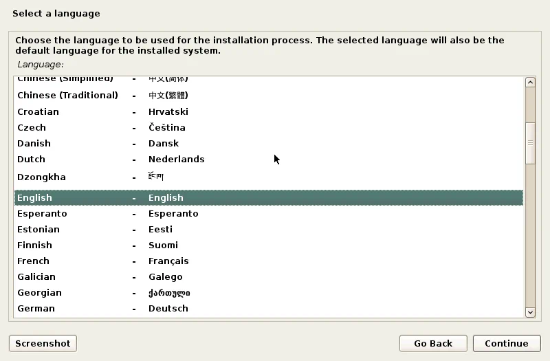 How to Install Kali Linux on VMware: Selecting a language
