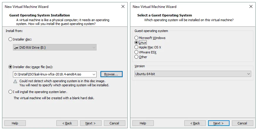 Cómo instalar Kali Linux en VMware: Selección de la imagen de disco de instalación y de un sistema operativo invitado.