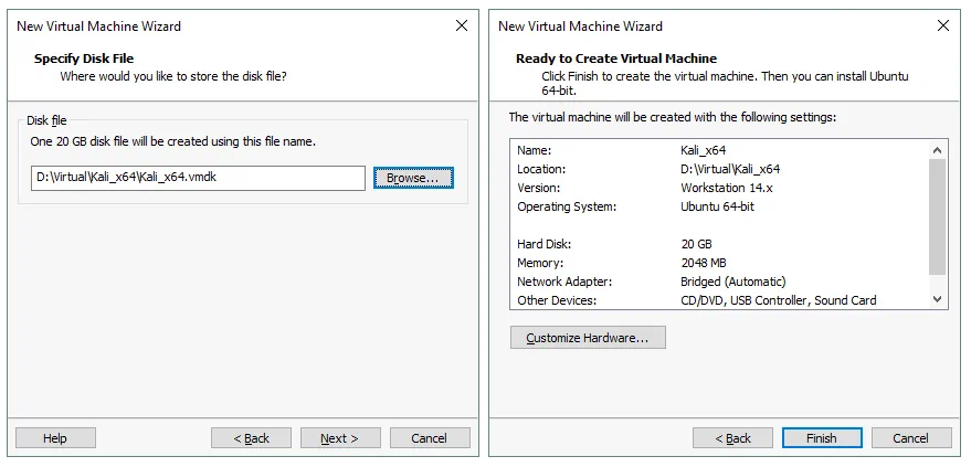 How to Install Kali Linux on VMware: Specifying a virtual disk location and checking the summary