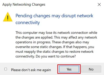 ‘Apply Networking Changes’ Dialog Box