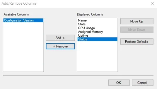 Añadir o eliminar columnas en Hyper-V Manager