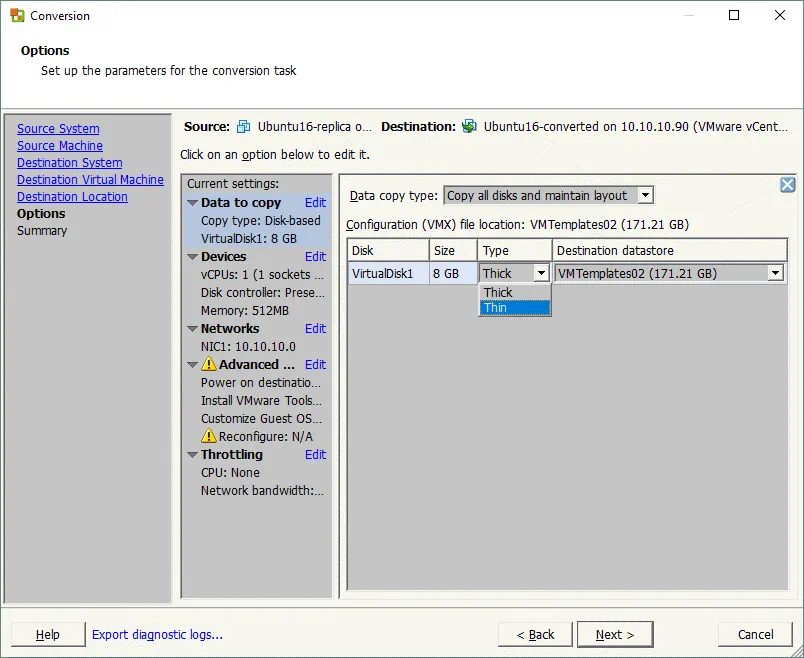 Configuring options for the VM conversion task in VMware vCenter Converter.