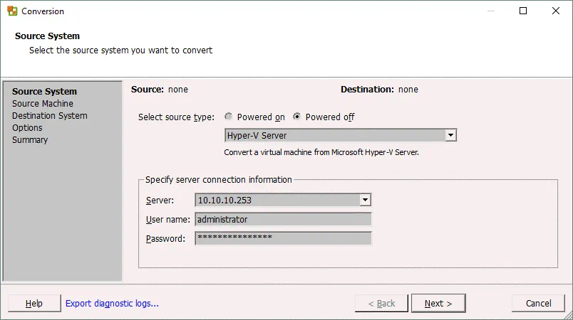 Configuring the source system in VMware vCenter Converter.