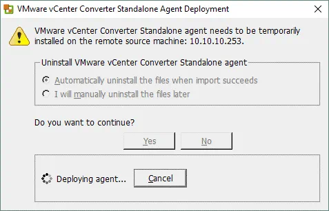 Deploying VMware vCenter Standalone Agent to a source Hyper-V Server.