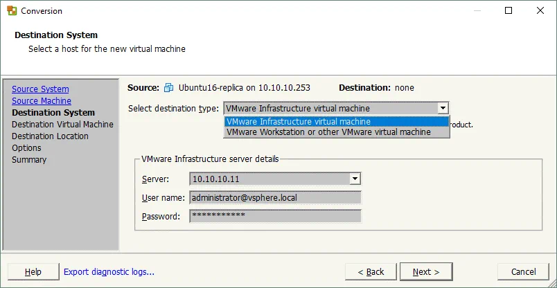 Selecting a VMware destination system.