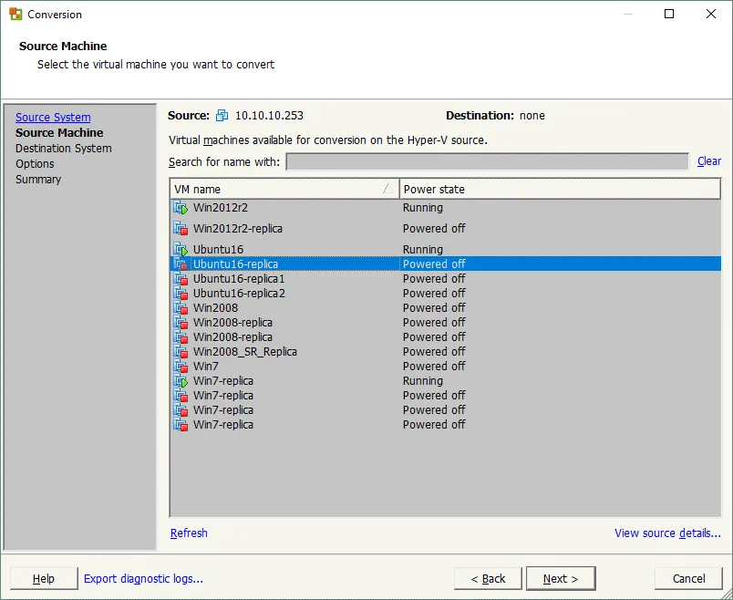 Selecting a source Hyper-V virtual machine for conversion to a VMware VM.