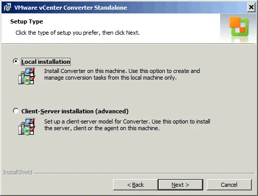 Selecting the installation options for VMware vCenter Converter Standalone.