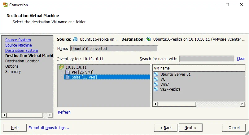 Selecting the parameters for the destination VMware VM.