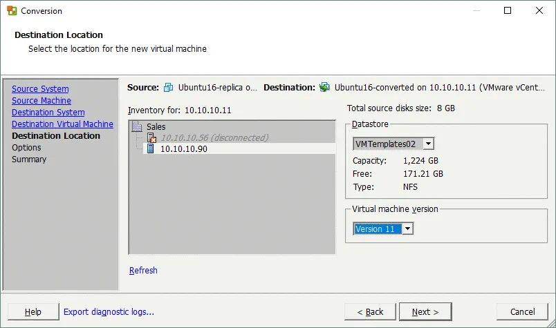 Setting the location for the destination VM.