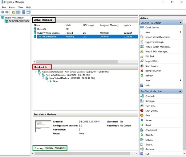 Sub-panes in Hyper-V Manager