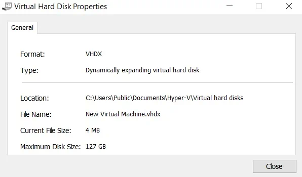 Propiedades del disco duro virtual en Hyper-V Manager