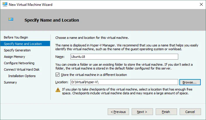 Choosing the name and location for a Hyper-V VM