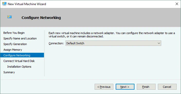 Configuring networking for a Hyper-V VM – selecting a virtual switch to connect