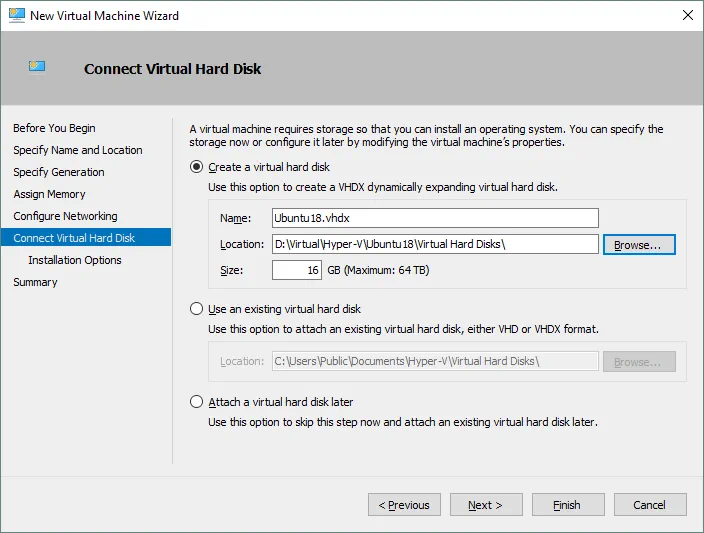 Connecting a new virtual disk to a new Hyper-V VM