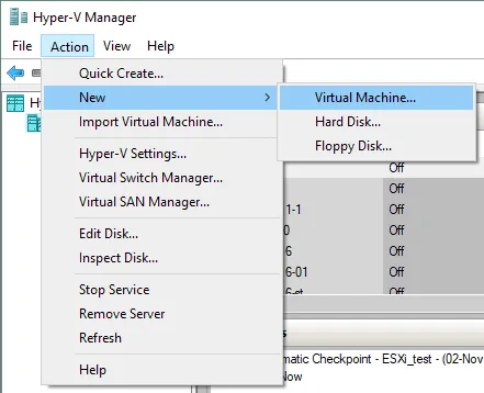 Creating a new VM in Hyper-V Manager.