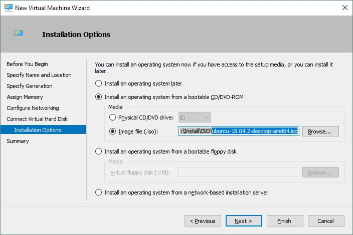Selecting installation options such as bootable ISO CD or DVD image